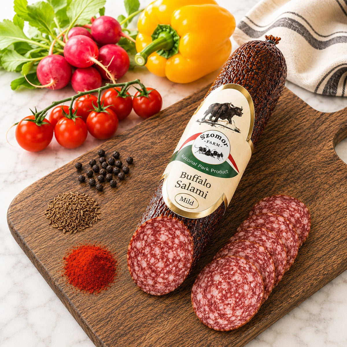 Buffalo salami is a pork-free salami made with buffalo meat, on a wooden board with vegetables and spices.