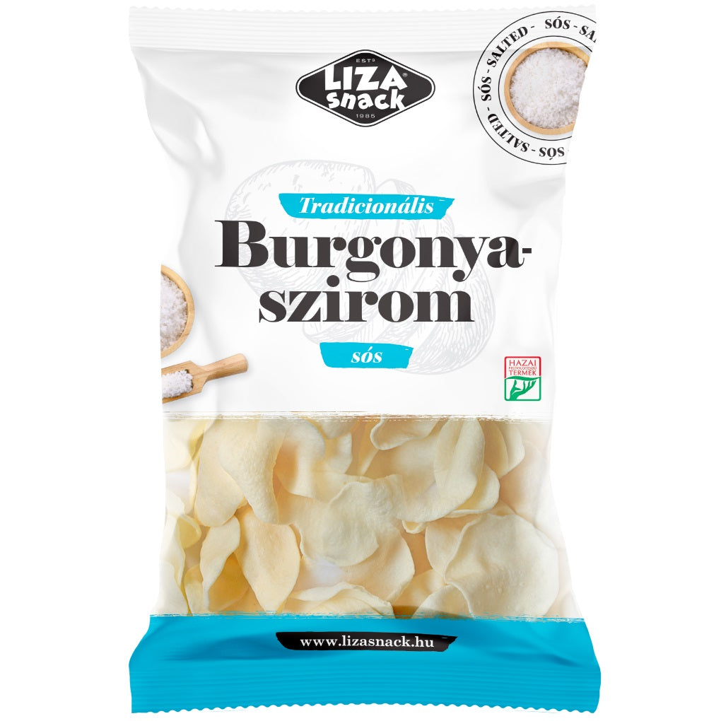 A packet of Burgonyaszirom Hungarian potato snack seasoned with sea salt.