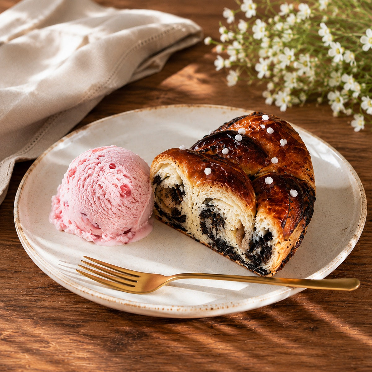 Poppy seed cake with strawberry ice cream on a plate with a fork, on a wooden table with flowers.
