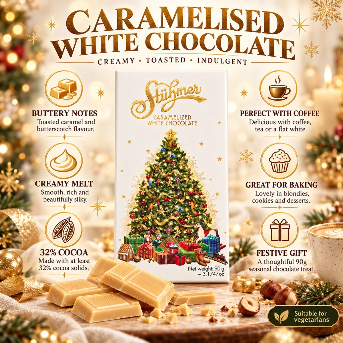 Infographic about a Caramelised White Chocolate bar with a festive label, listing product features and USPs.