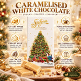 Infographic about a Caramelised White Chocolate bar with a festive label, listing product features and USPs.