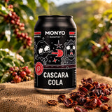 Can of MONYO Cascara Cola with cascara fruits on a natural background.