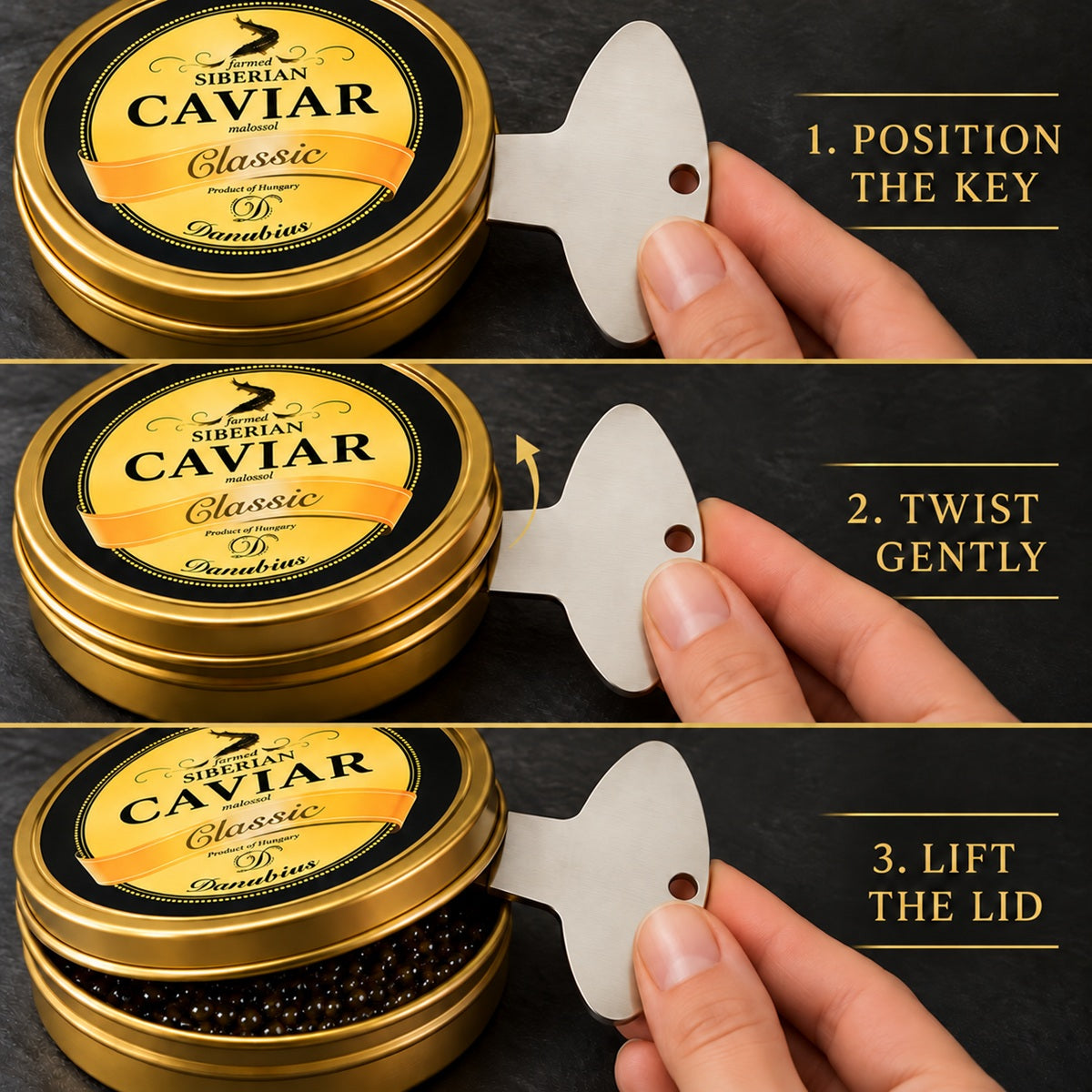 A photo guide showing how to use a caviar key, a metal opening tool designed to open a tin of caviar.