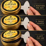 A photo guide showing how to use a caviar key, a metal opening tool designed to open a tin of caviar.