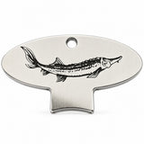 A polished metal caviar key with an engraved sturgeon design: an elegant tool for opening vacuum-sealed tins.