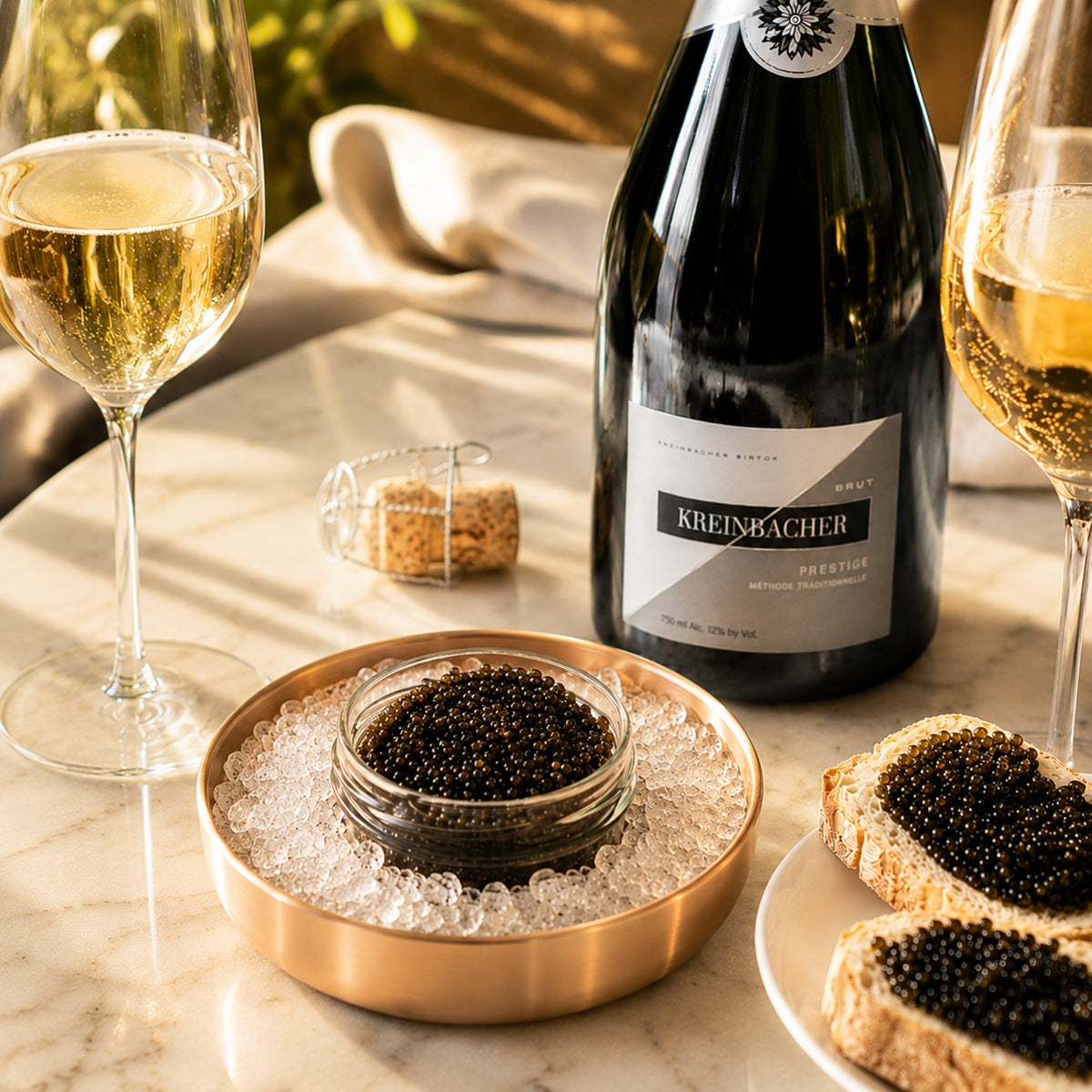 Bottle of Champagne wine with two glasses and a dish of caviar on a marble surface.