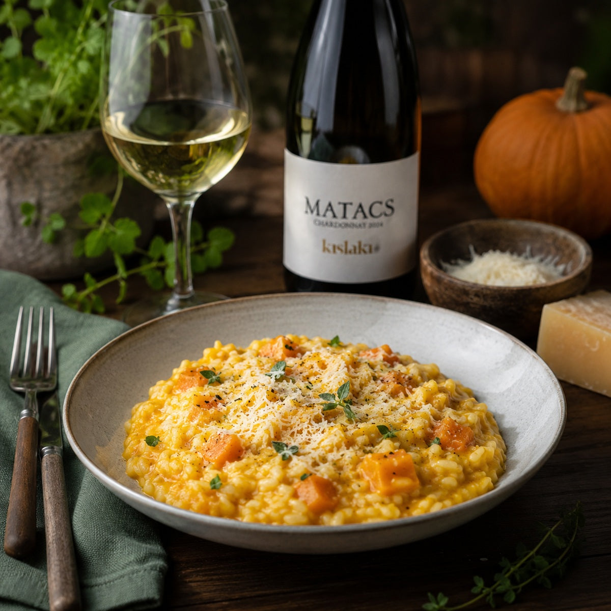 Pumpkin risotto dish with a bottle of Matacs Chardonnay wine on a wooden table.