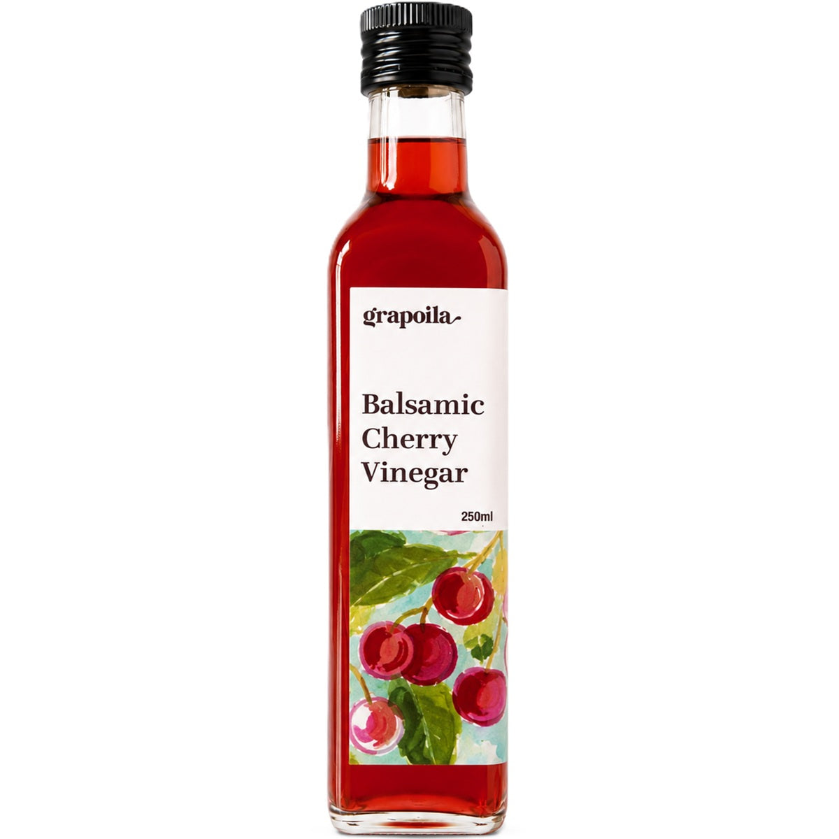 Bottle of Grapoila Cherry Balsamic Vinegar on a white background.