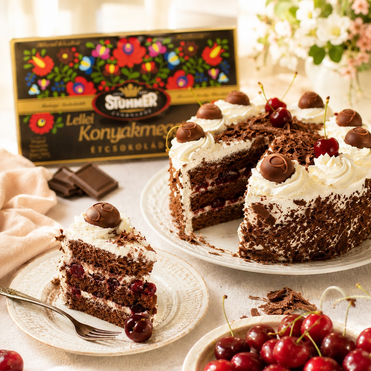 Chocolate cake with white frosting, cherries and decorated with cherry liqueur chocolate pieces.