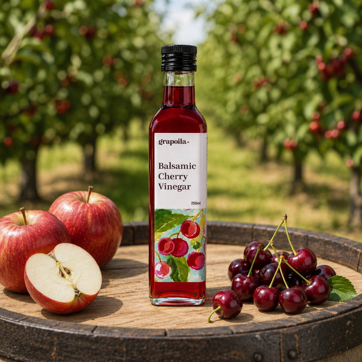 Bottle of Balsamic Cherry Vinegar on a wooden barrel with cherries and apples in an orchard setting.