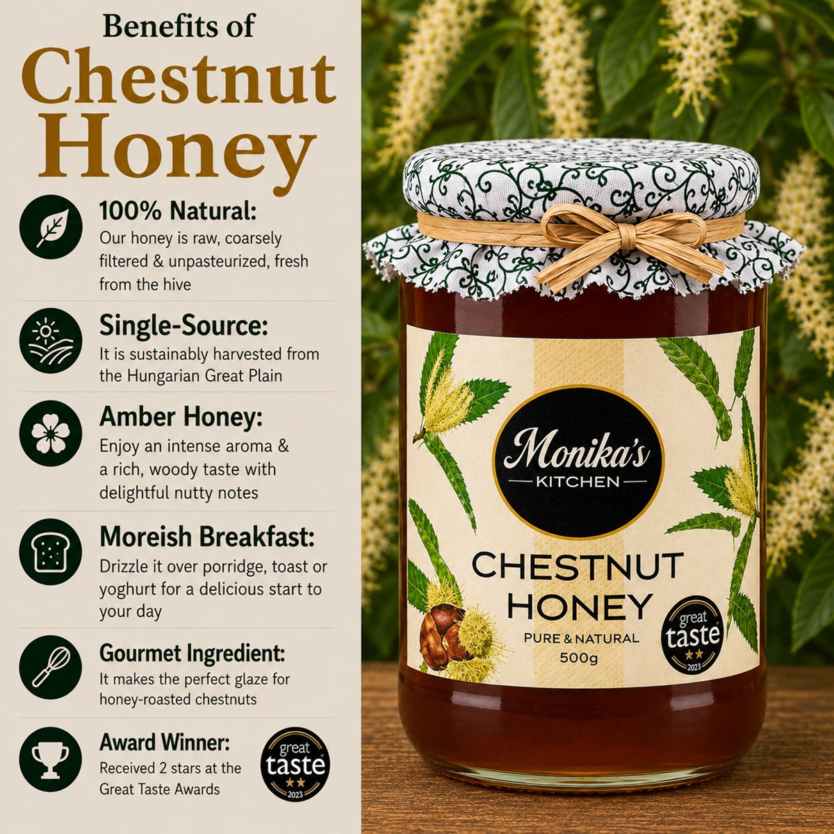 Infographic showing the benefits of eating and using raw chestnut honey.