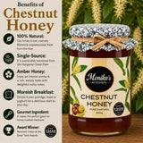 Infographic showing the benefits of eating and using raw chestnut honey.