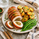 Plated dish of roasted chicken breast stuffed with stuffing and wrapped in bacon with potatoes and green beans.