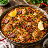 Paella dish with chicken, chorizo, and vegetables in a pan on a wooden table.
