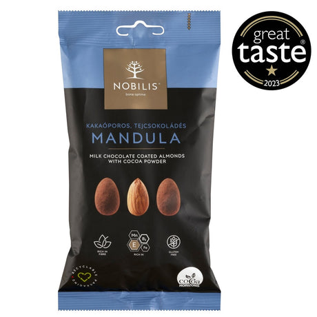 A packet of chocolate covered almonds.