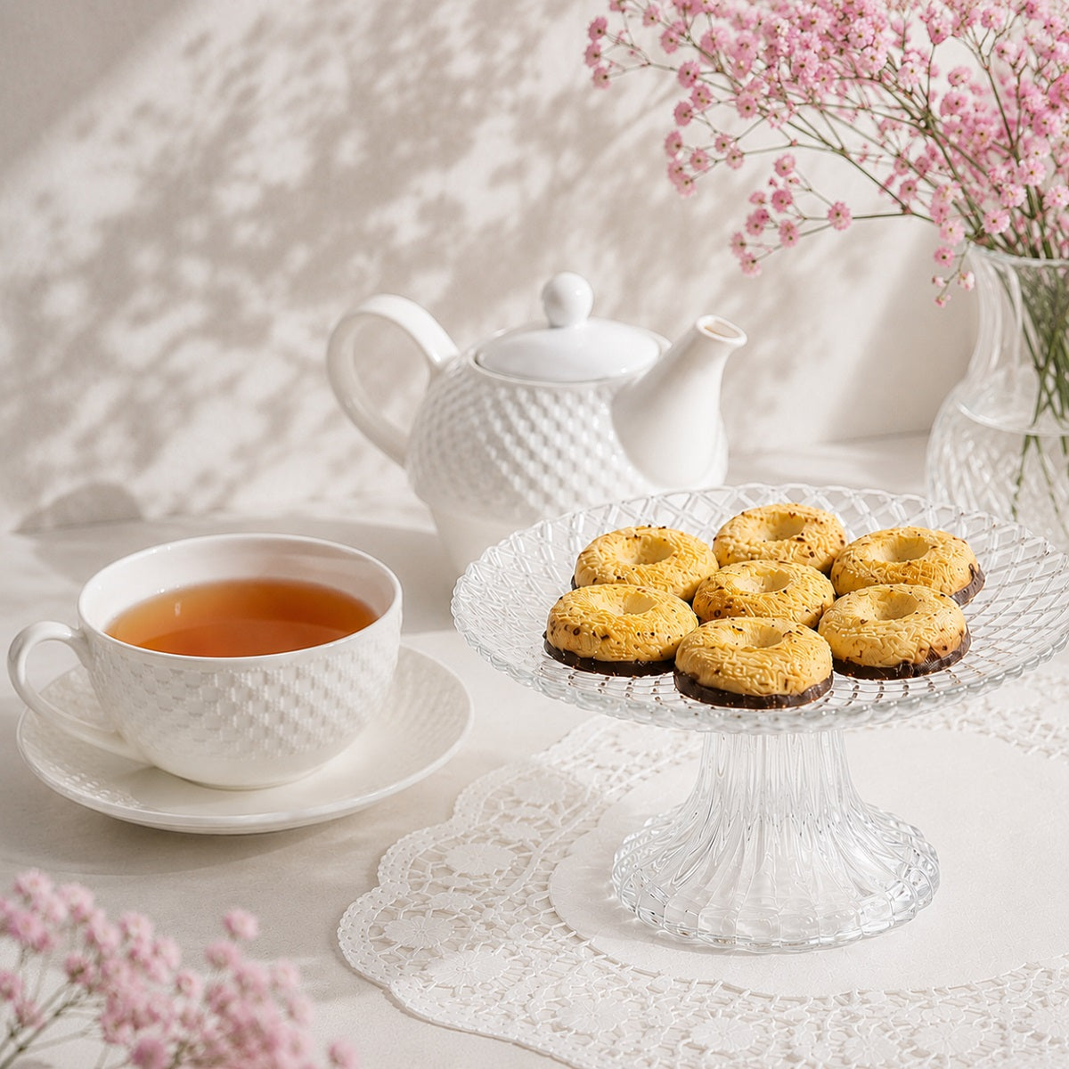 Plate of chocolate and vanilla biscuits with afternoon tea.