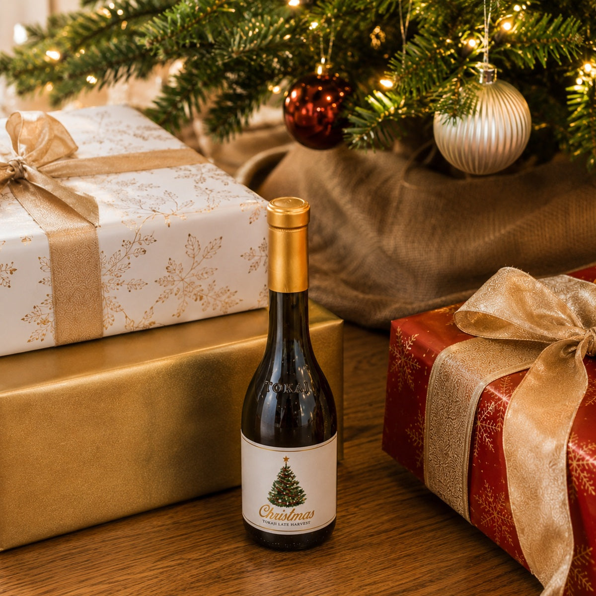 Bottle of wine with a Christmas tree label in front of wrapped gifts and a decorated Christmas tree.