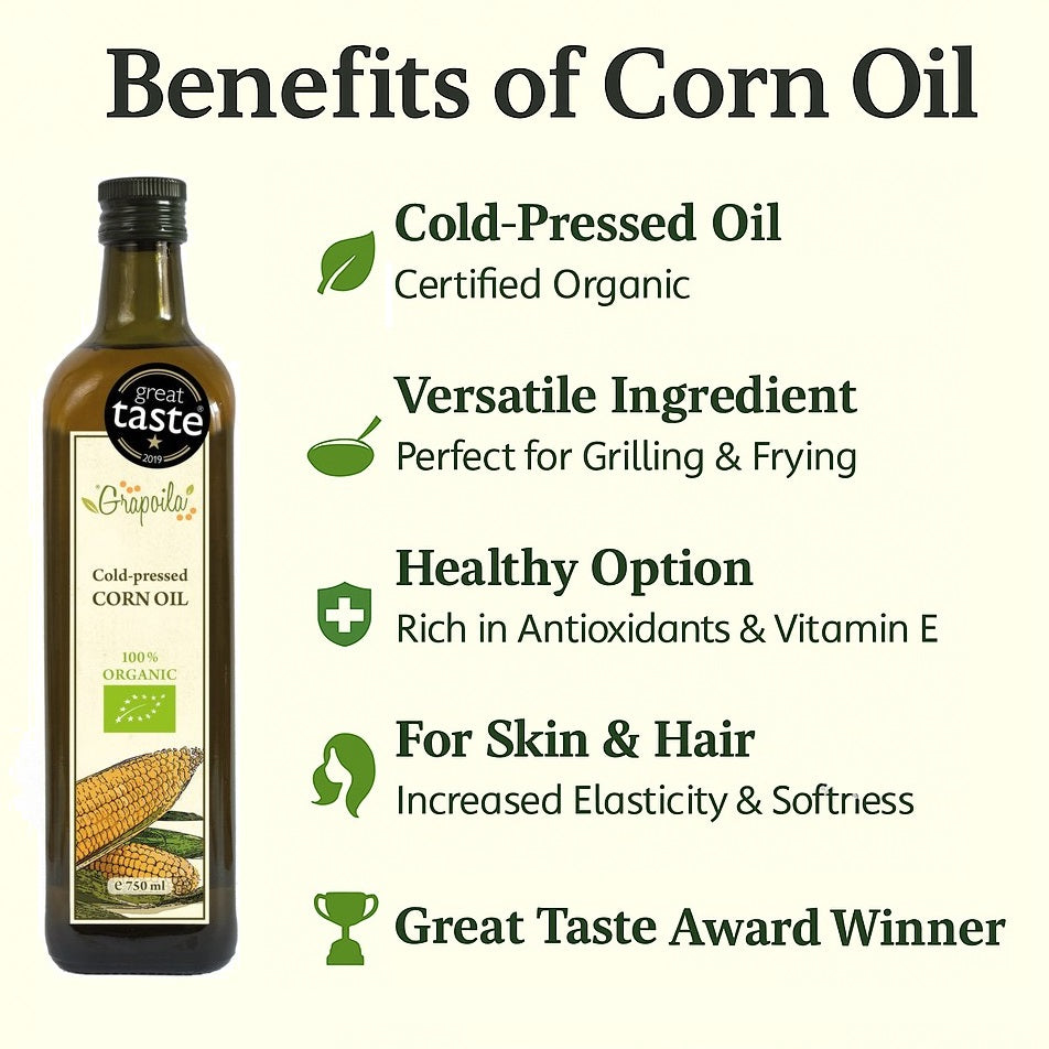 An infographic showing the health and nutritional benefits of eating and using cold pressed organic corn oil.