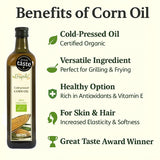 An infographic showing the health and nutritional benefits of eating and using cold pressed organic corn oil.