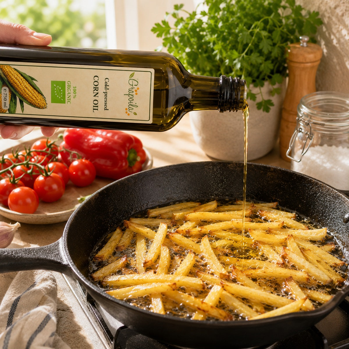 Bottle of organic cold-pressed corn oil being poured into a skillet of deep-frying French fries.