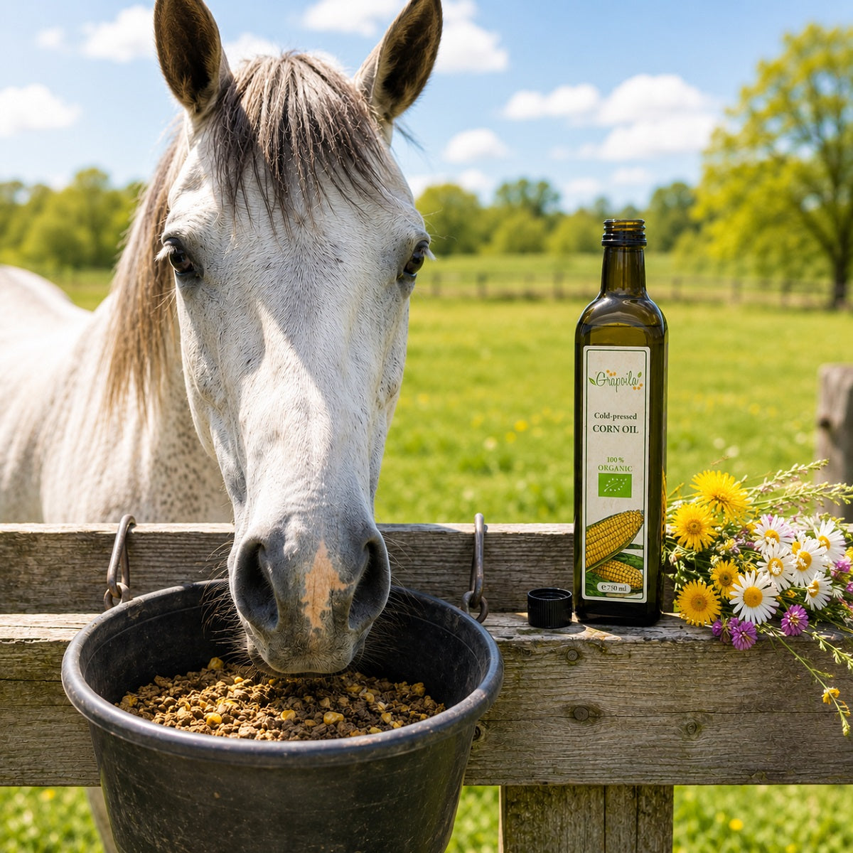 Horse eating from a bucket with a bottle of corn oil and flowers on a wooden fence in a field.