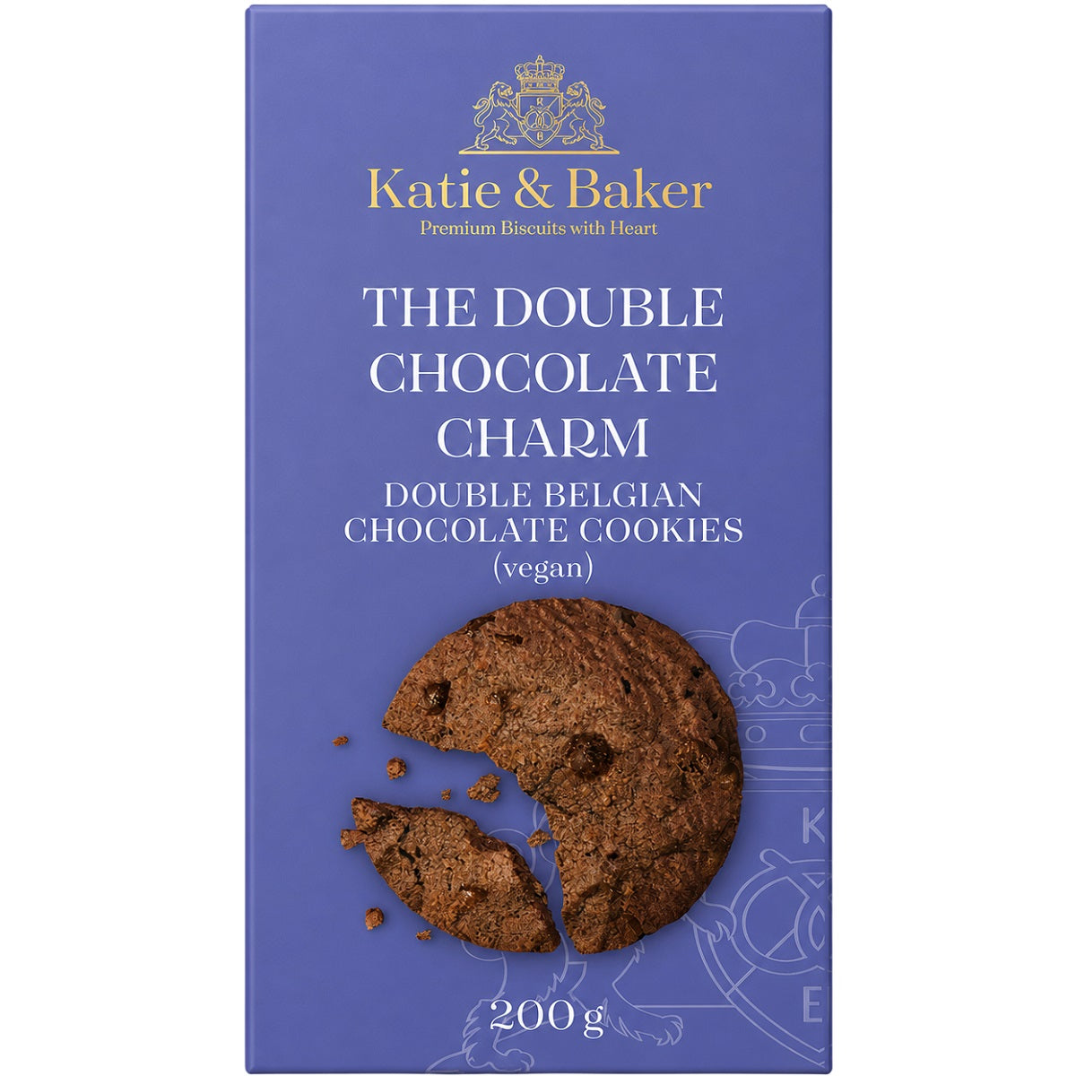 A box of dairy-free and vegan double chocolate chip cookies.