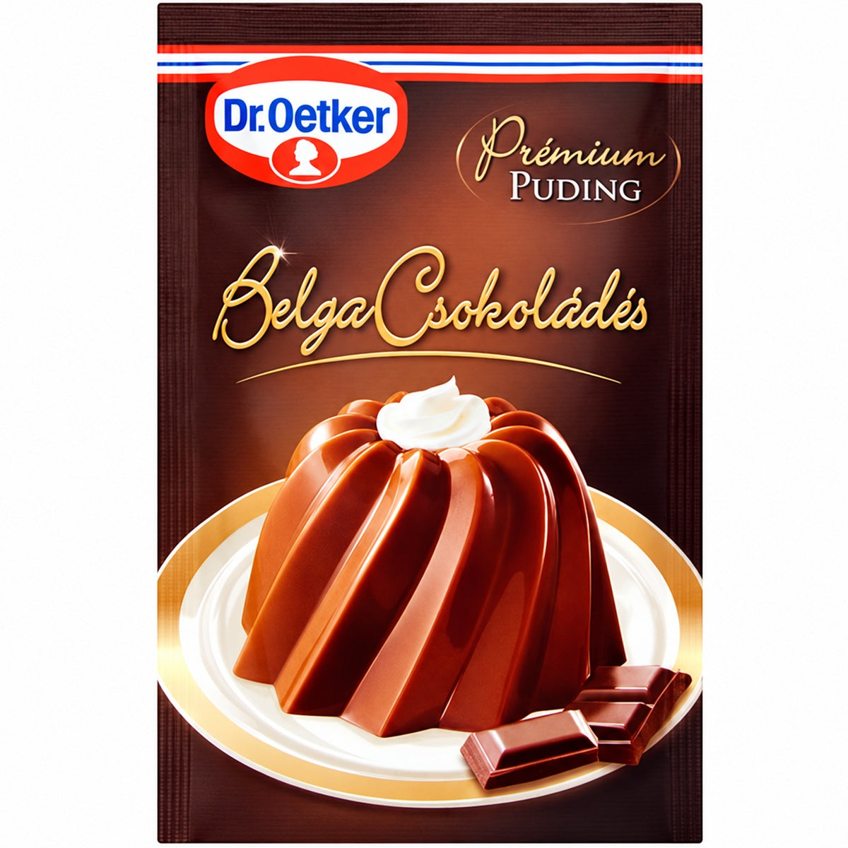 Dr Oetker Belgian Chocolate Pudding Mix, this packet makes a smooth, rich cocoa dessert in minutes.