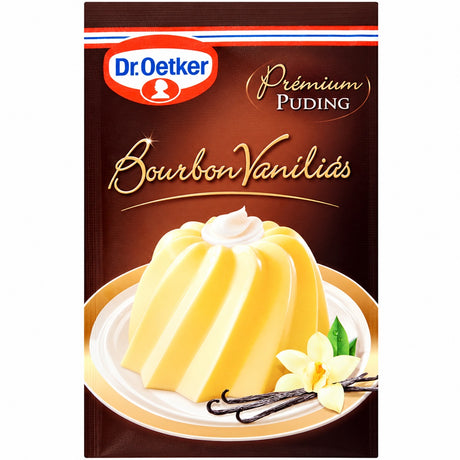 Dr Oetker Bourbon Vanilla Pudding Mix, this packet makes a smooth, fragrant vanilla dessert in minutes.