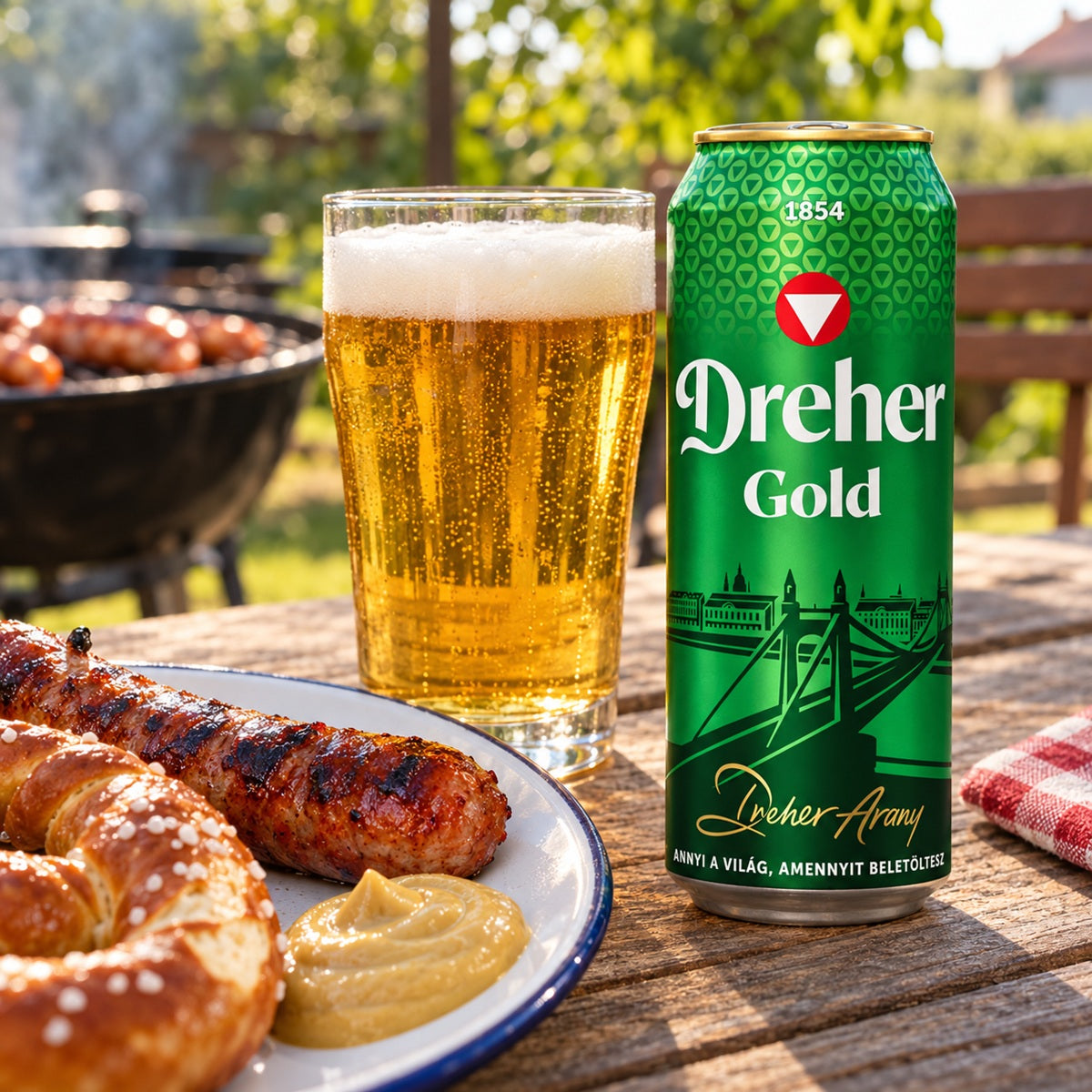 A can of Dreher Gold beer sits on a wooden table beside a glass of golden beer and a plate of grilled sausage.