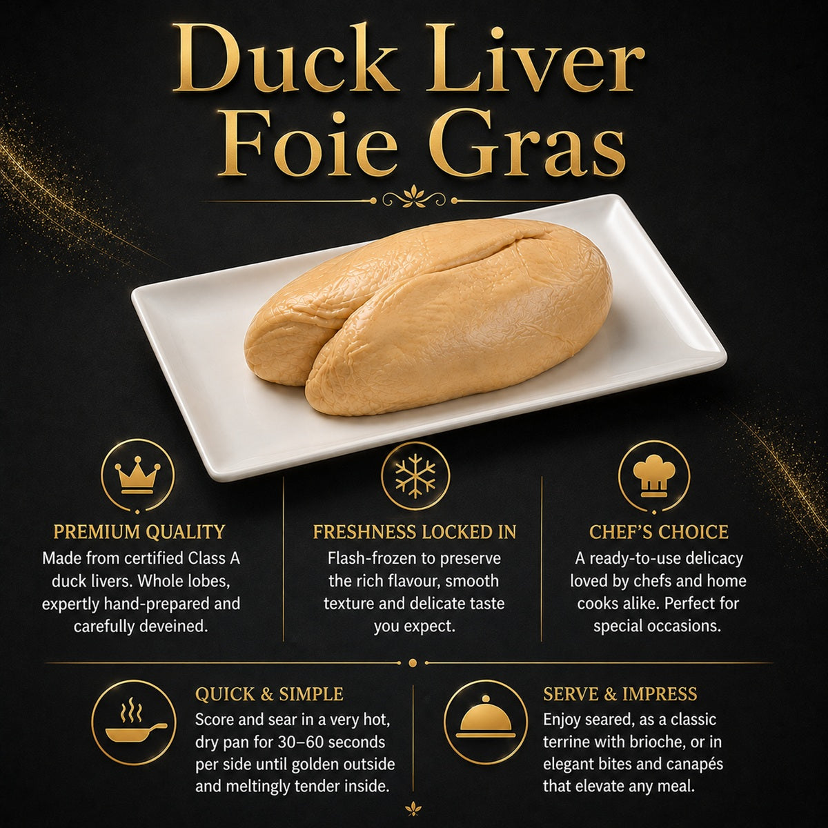 An infographic showing the benefits and uses of fresh duck liver foie gras.