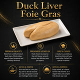 An infographic showing the benefits and uses of fresh duck liver foie gras.