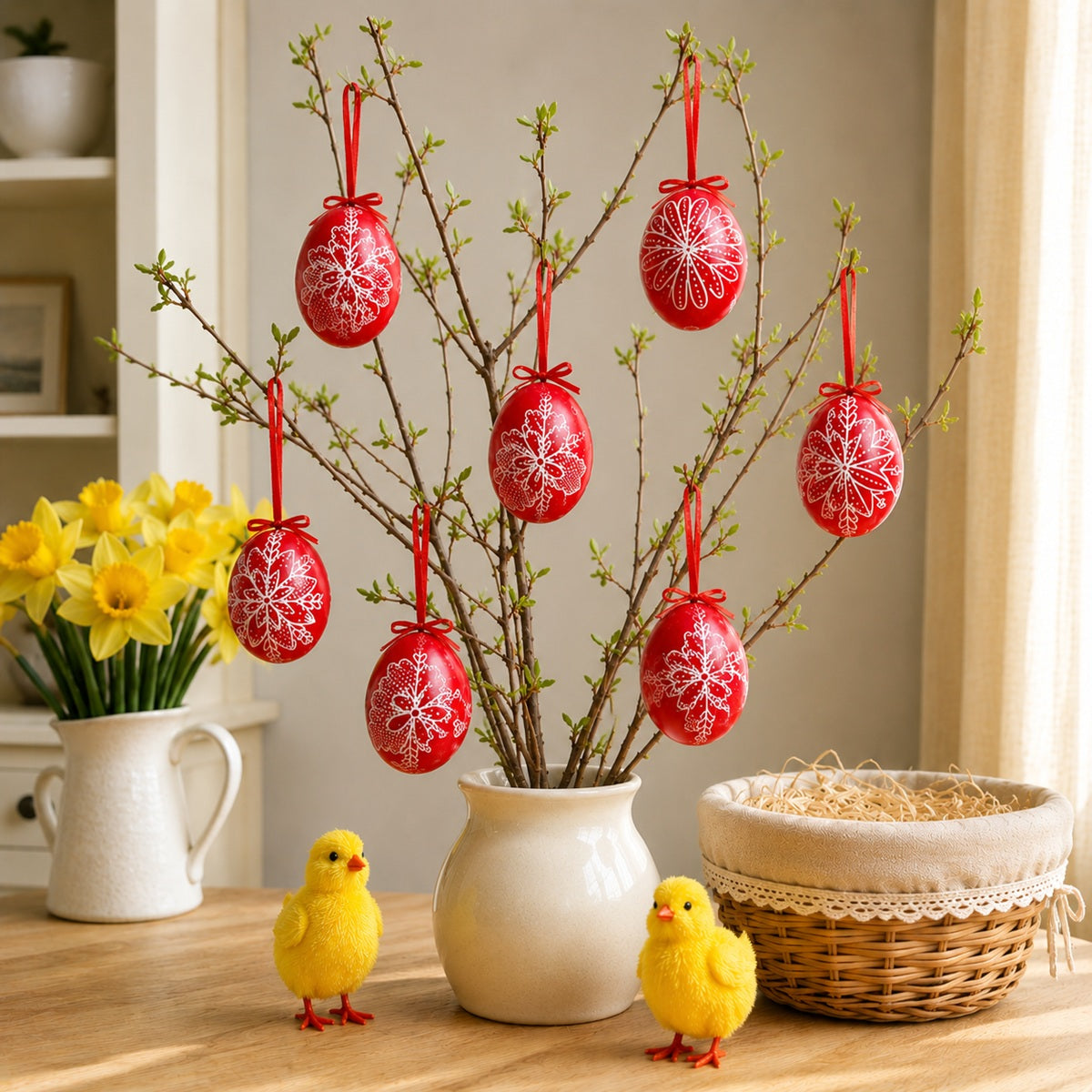 Easter egg tree with hand-painted red Easter egg decorations, which are stylish artisan ornaments.