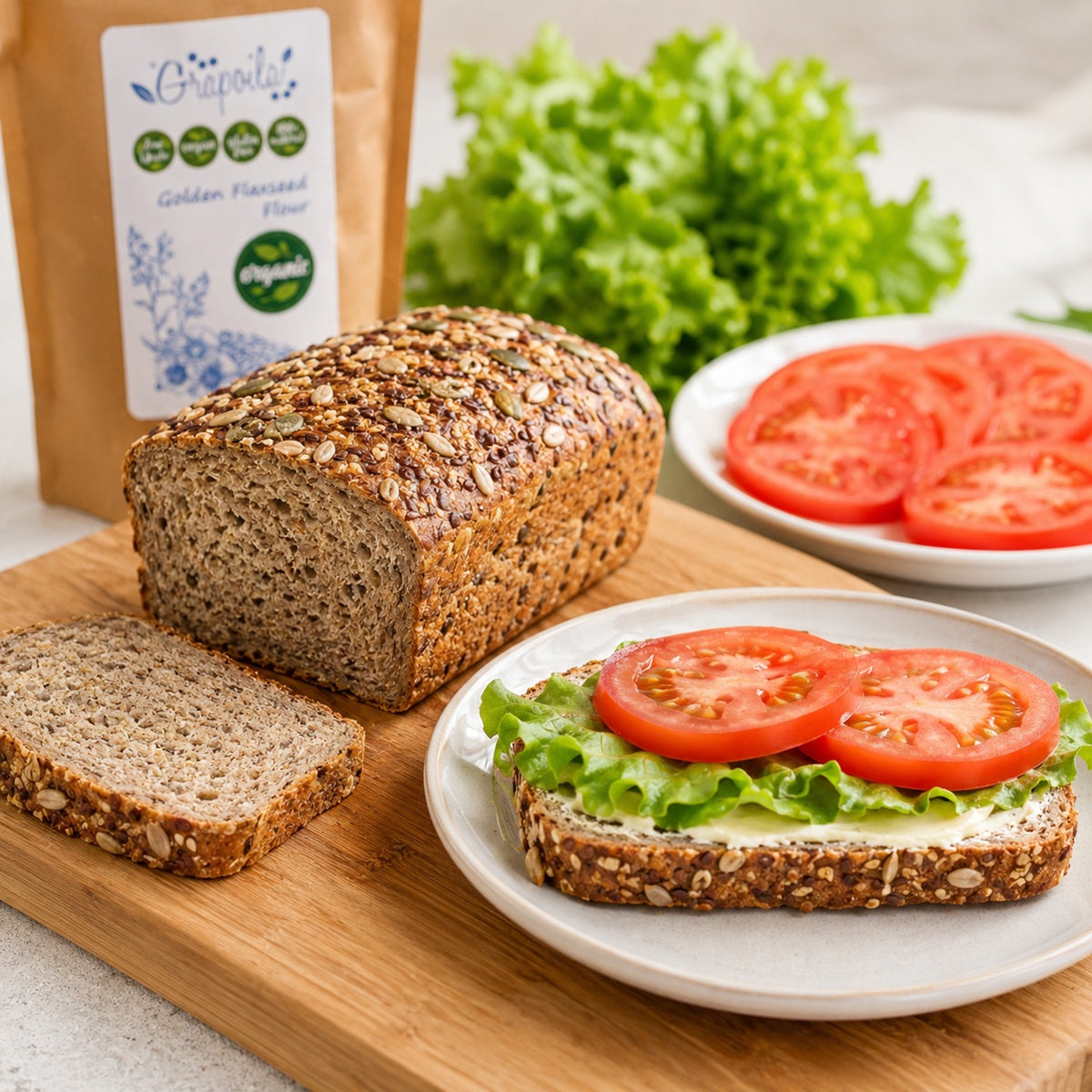 Loaf of multiseed bread made with ground flaxseed flour.