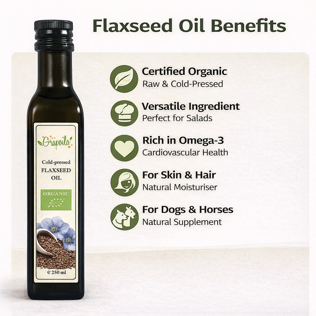 Infographic showing the health and nutritional benefits of eating and using cold pressed flaxseed oil.