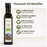 Infographic showing the health and nutritional benefits of eating and using cold pressed flaxseed oil.