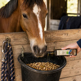 A horse looking over a feeder bucket with organic flaxseed oil drizzled over the food from a bottle.