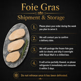 An infographic showing the ordering and delivery process for foie gras escalope slices made from fresh goose liver.