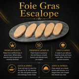 An infographic showing the benefits and uses of foie gras escalope from fresh slices of goose liver.
