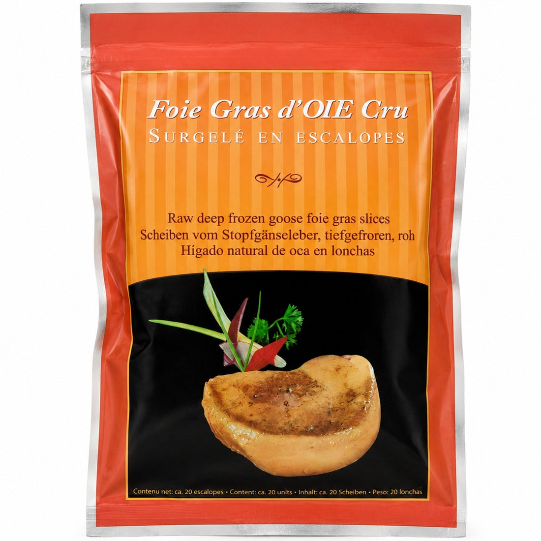 A package of foie gras escalope containing slices of fresh goose liver.