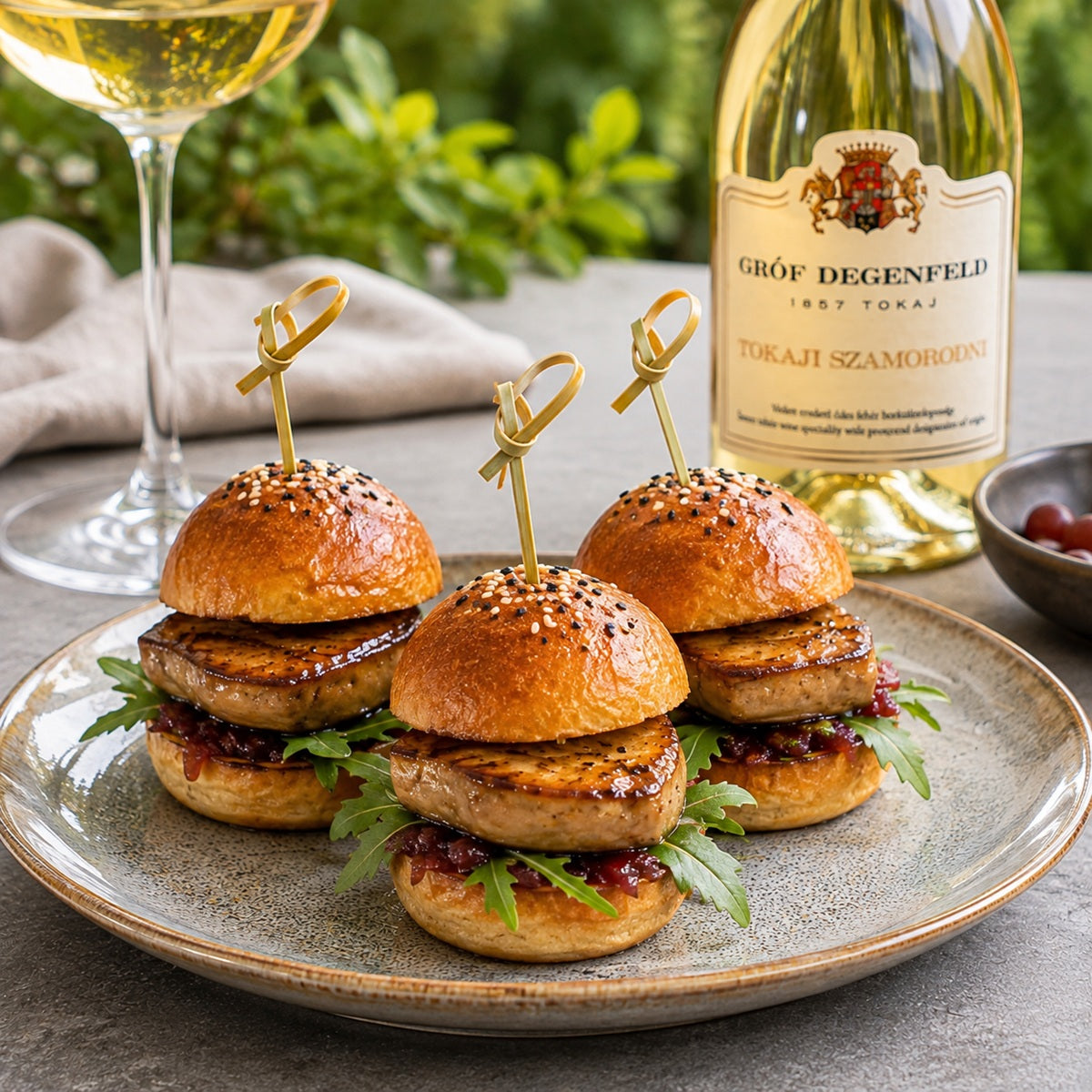 Three small foie gras escalope mini burgers, each with a slice of goose liver, paired with a glass of Tokaji sweet wine.
