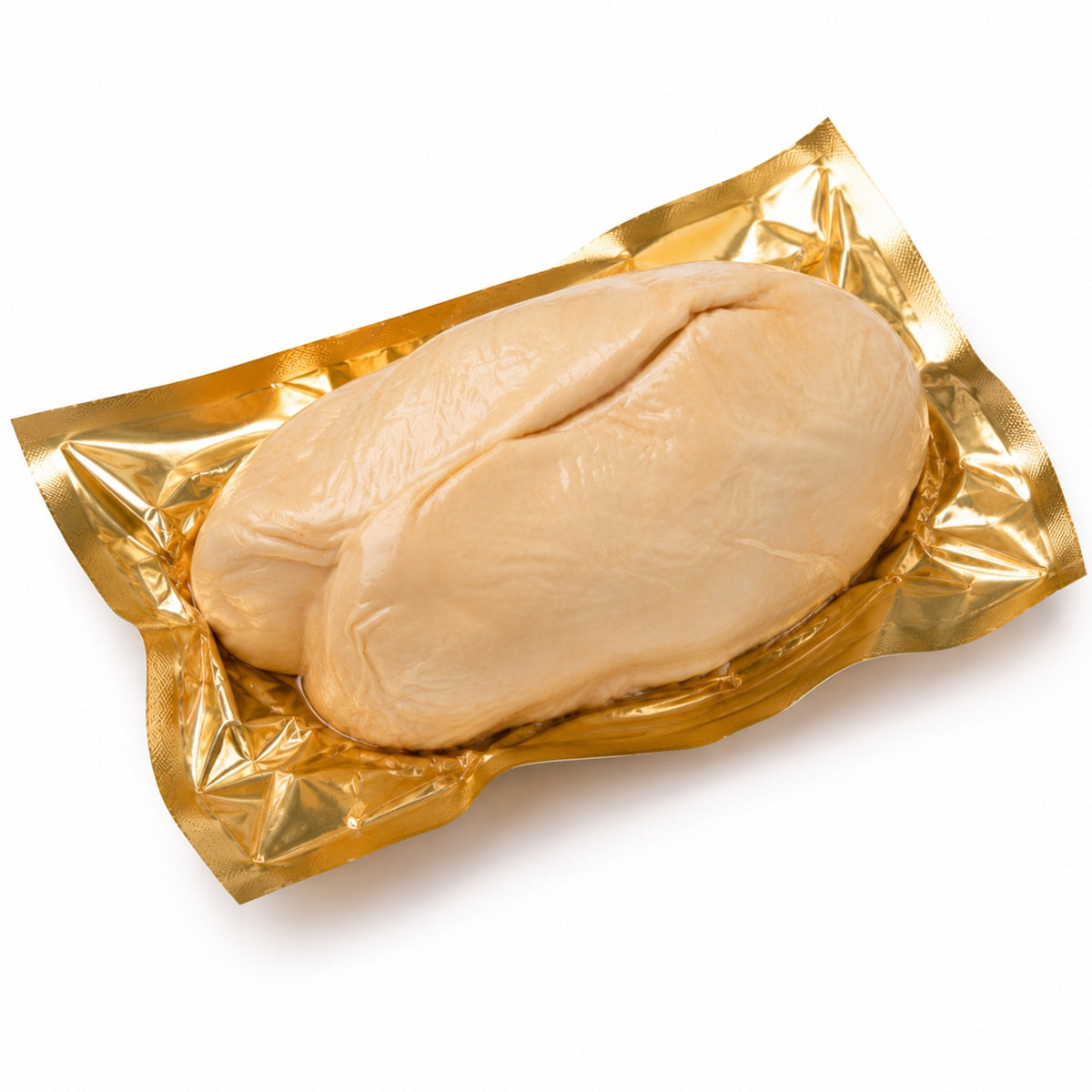 A piece of whole fresh duck liver foie gras lobe in golden packaging.