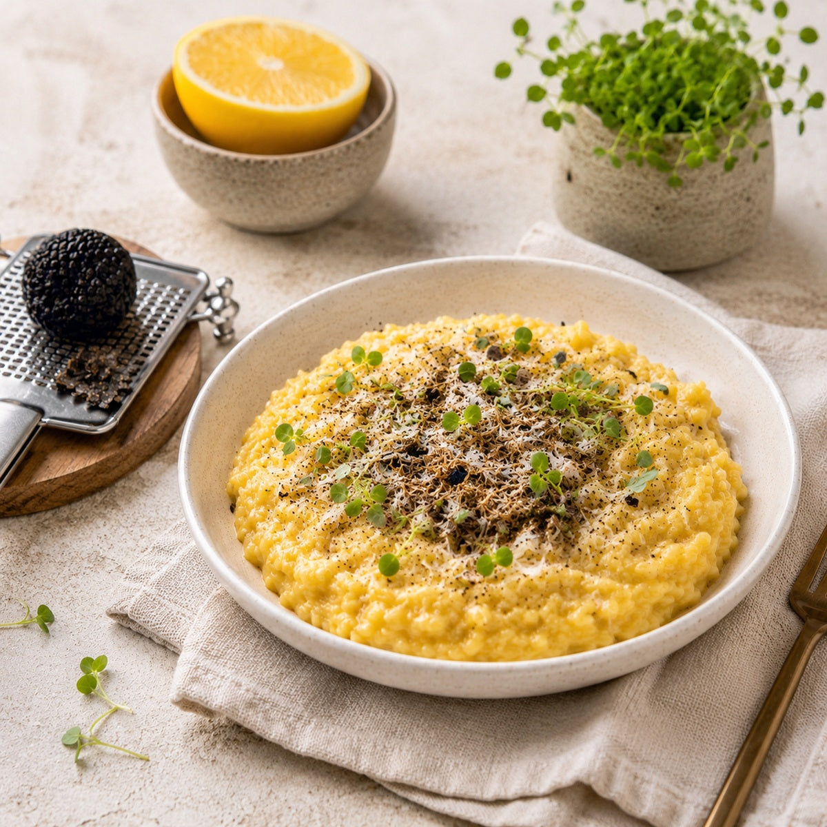 A bowl of creamy risotto with freshly grated whole black truffle and microgreens on top.