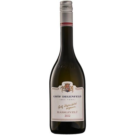A bottle of Tokaji Hárslevelű wine from organic white grapes made by Grof Degenfeld Winery.