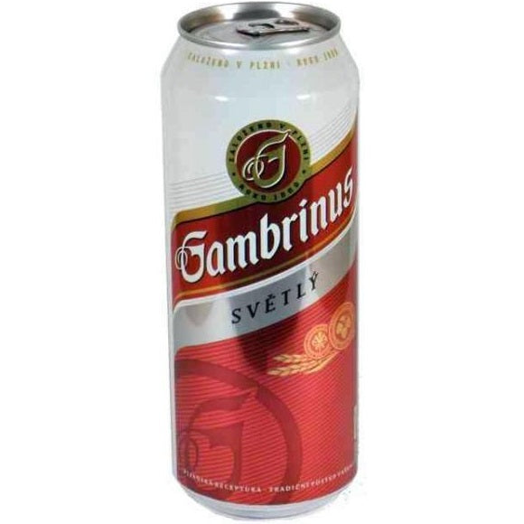 A can of Gambrinus, a full-bodied Pilsner-style lager. 