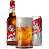 A bottle, a can and a glass of Gambrinus Czech beer.