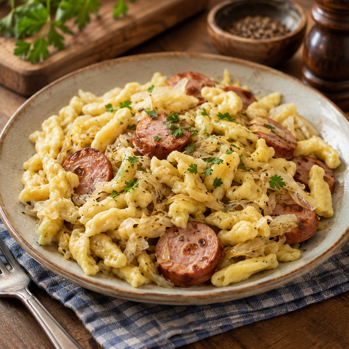 A dish of German knopfle noodles with sauerkraut cabbage and sausage slices.