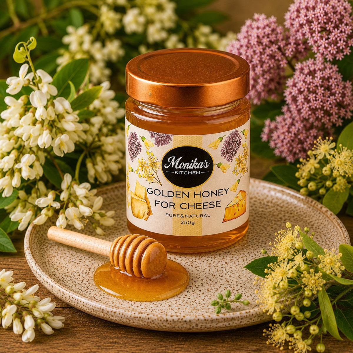 Jar of golden honey with a honey dipper on a wooden surface with acacia, silkweed and linden flowers.
