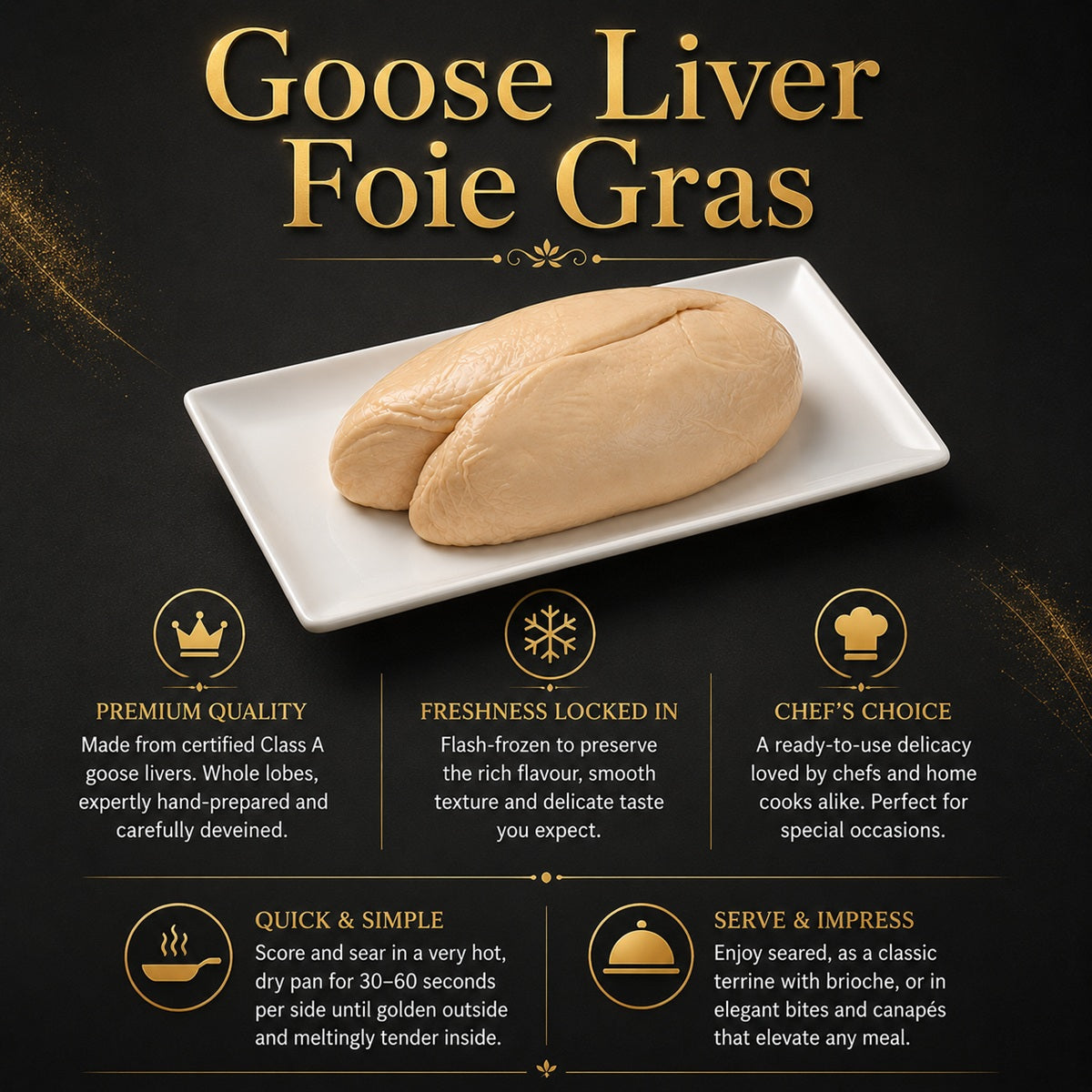 An infographic showing the benefits and uses of fresh goose liver foie gras.