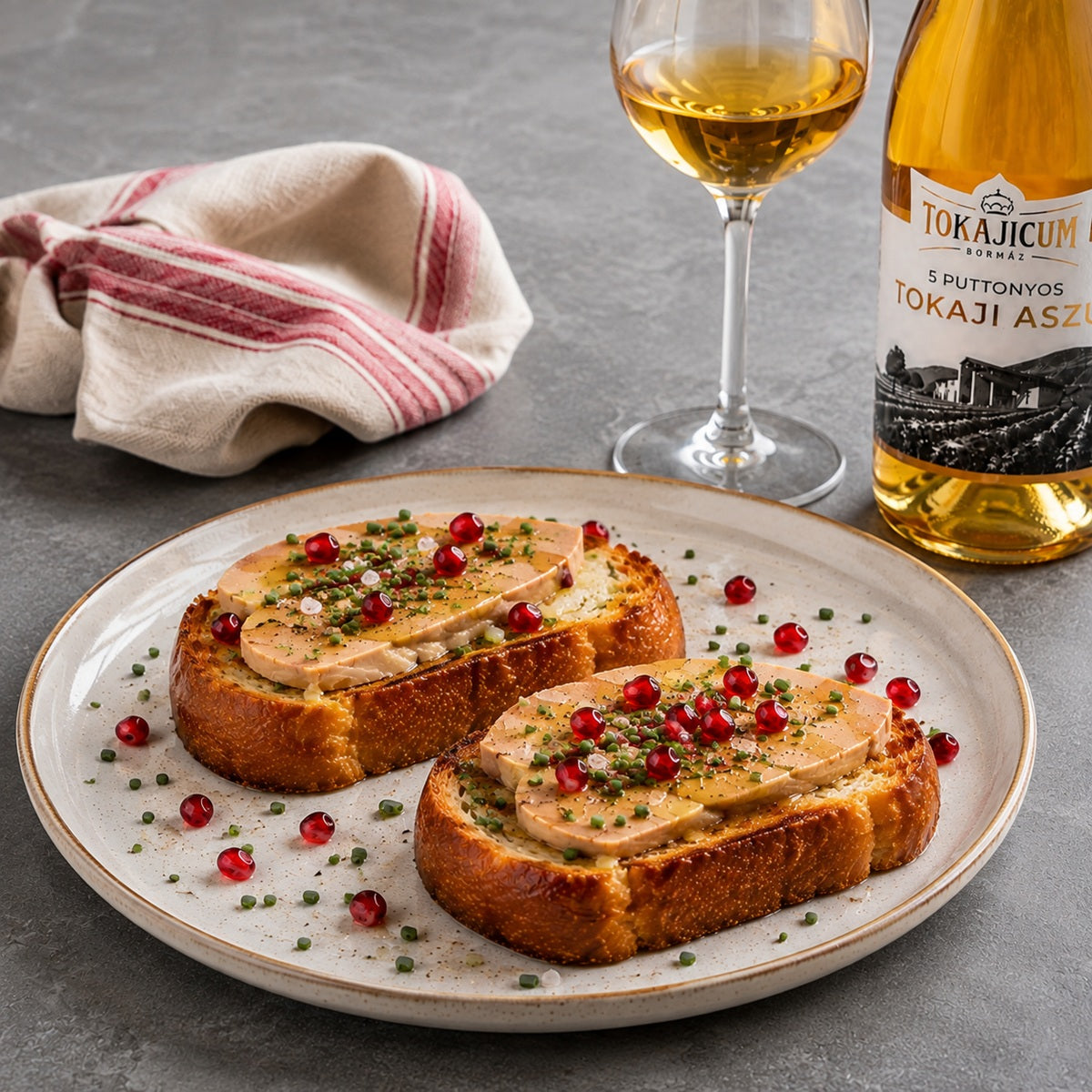 Two slices of toasted brioche bread with goose liver foie gras terrine paired with a glass of Tokaji dessert wine.