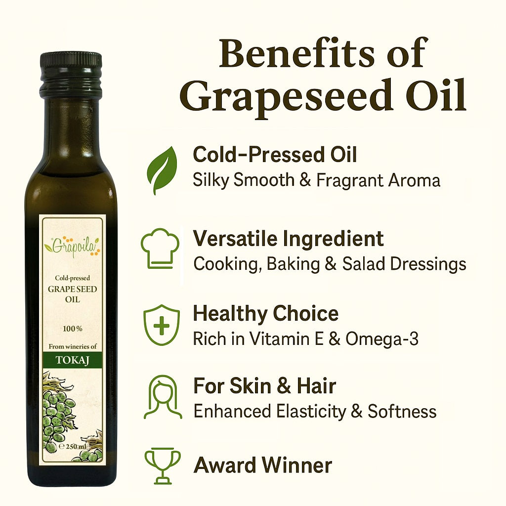 An infographic showing the health and nutritional benefits of eating and using cold pressed grapeseed oil.